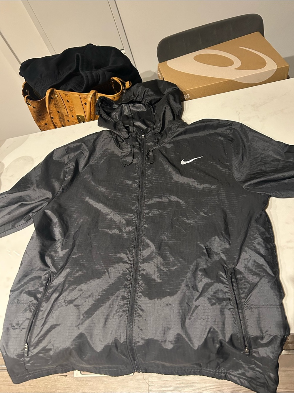 Nike Black Womens Hooded Windbreaker with White Swoosh